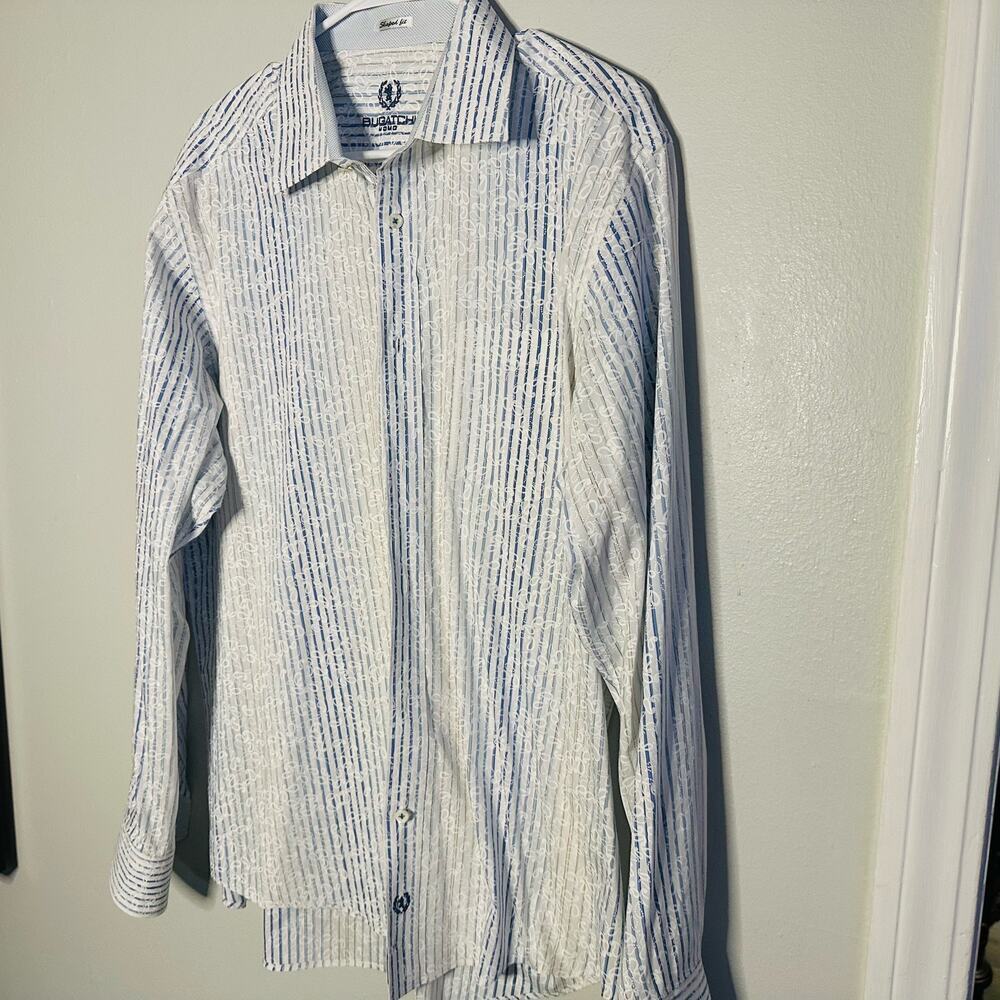Bugatchi Uomo Blue White Floral Deisgn Classic Fit Collared Button Down Shirt XL